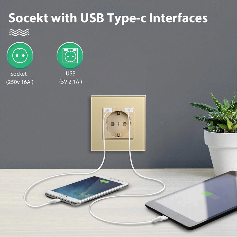 BSEED EU Wall Sockets Single Plugs Sockets Double 5V 2.1A USB Socket Phone Charge Glass Panel Power Sockets Kids Protection 16A
