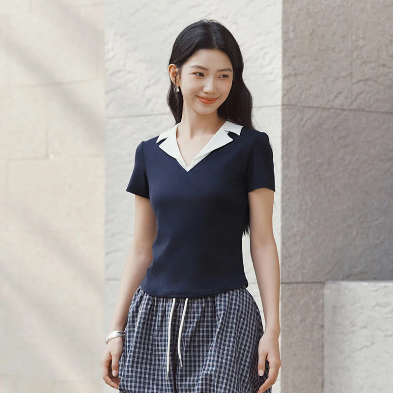 Semir Womens Polo 2026 Short Style Cool Feeling Color Block Lapel Slim Commute Style Casual
