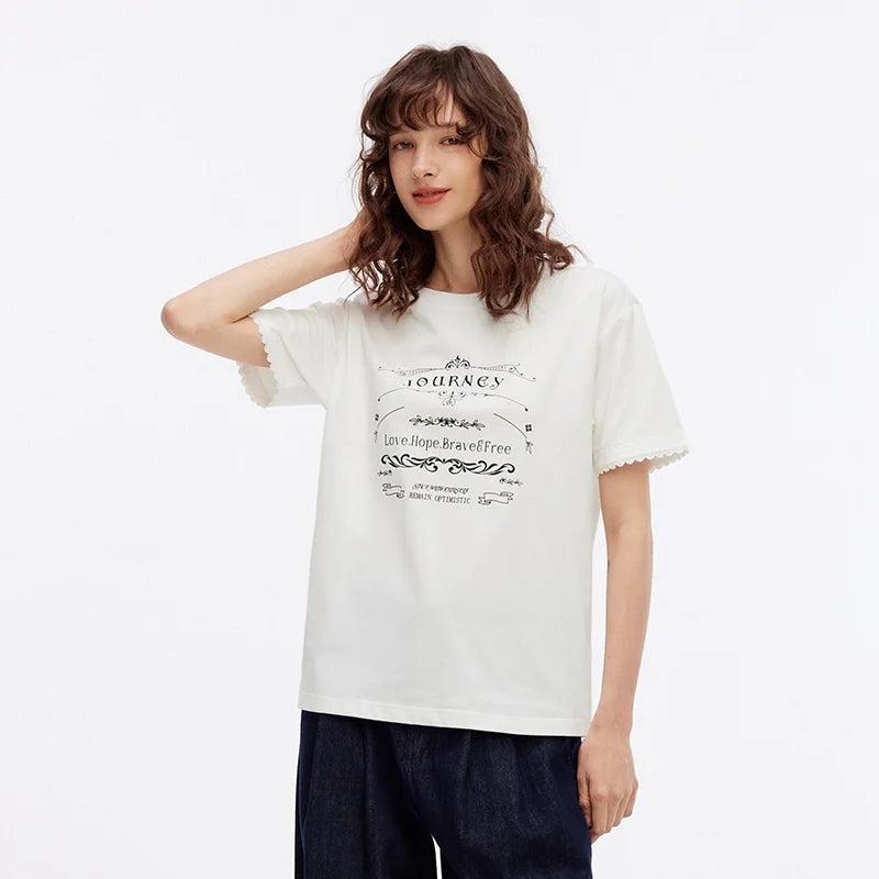 Semir Womens Tshirt 2026 Letter Printed Loose Lace Hem Fashion Trendy Casual Soft Daily