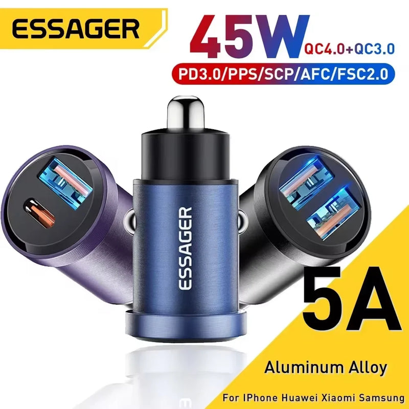ឆ្នាំងសាករថយន្ត Essager 30W USB Quick Charge 4.0 QC PD 3.0 SCP 5A USB Type C សាកថ្មរថយន្តលឿនសម្រាប់ iPhone 14 13 Huawei Samsung Xiaomi