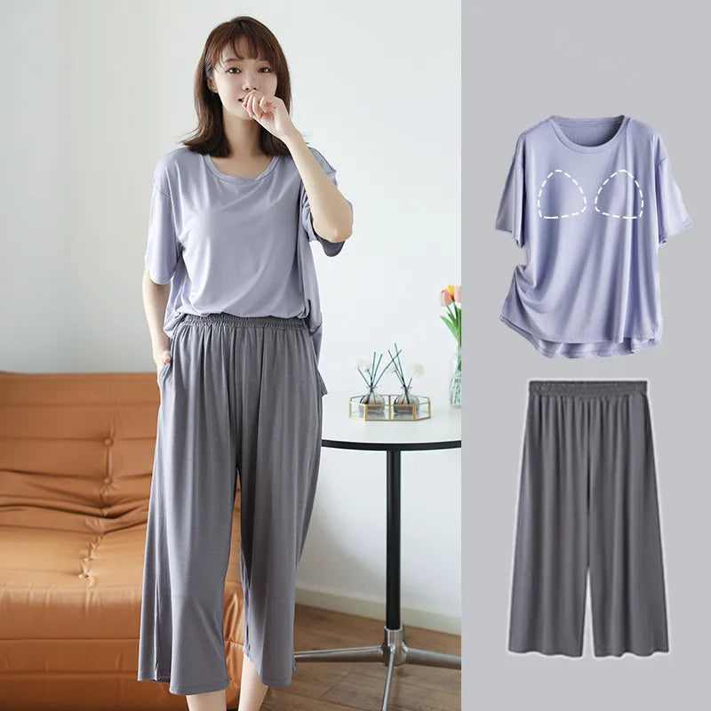 Fdfklak Casual Chest Pads Women Summer Pajamas Set Modal Short-Sleeved Cropped Pants Suits Outside Wear Sleepwear Home Clothes