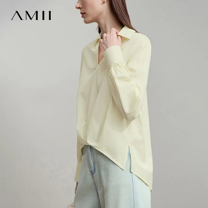 អាវ AMII រដូវស្លឹកឈើជ្រុះឆ្នាំ ២០២៥ អាវថ្មីសម្រាប់នារី អាវការិយាល័យ អាវដៃវែង ក V រាងកអាវ អាវកប្បាស Lyocell រលុង 12543021