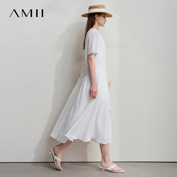 AMII រ៉ូបថ្មីសម្រាប់នារី រចនាបទរដូវក្តៅ ដៃខ្លី កអាវរាងអក្សរ O រចនាបទផ្កា រ៉ូបវែង ម៉ូដទាន់សម័យ 12542085
