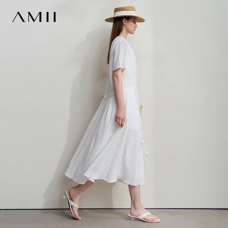 AMII រ៉ូបថ្មីសម្រាប់នារី រចនាបទរដូវក្តៅ ដៃខ្លី កអាវរាងអក្សរ O រចនាបទផ្កា រ៉ូបវែង ម៉ូដទាន់សម័យ 12542085