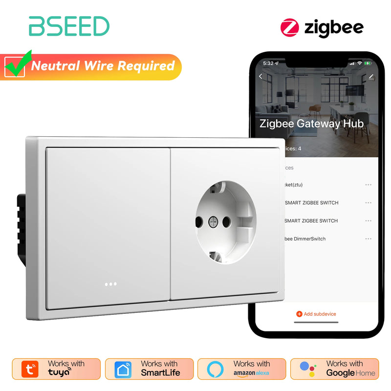 BSEED Zigbee Click Switch 1/2/3/4Gang Smart Button Light Switch With EU Power Socket Plastic Frame Tuya Smart Life Alexa Control