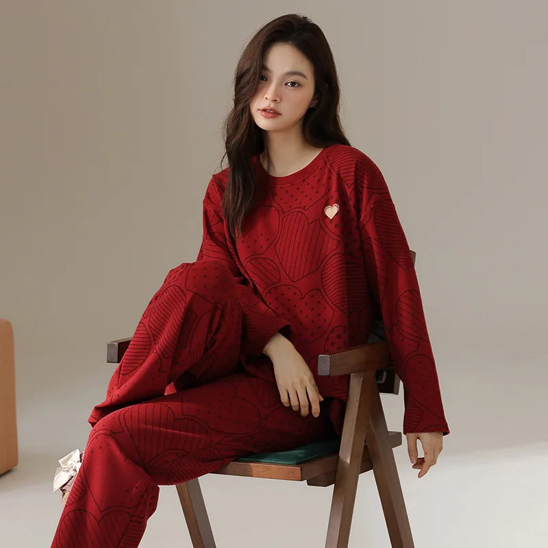 New Year Red Women's Pajamas Set Spring Autumn Long Sleeve Trousers Sets Fashion Sleepwear Pyjamas Femme Nightwear Home Pijama