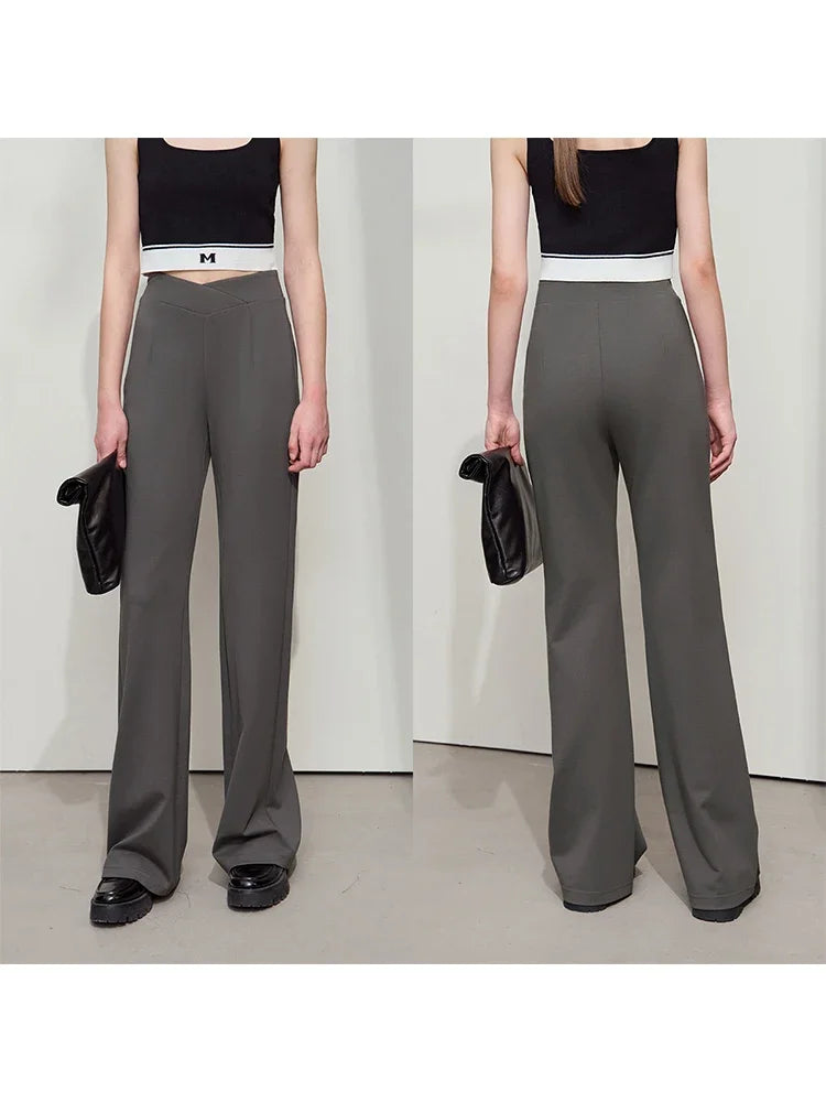 AMII Minimalist Flared Pants Women 2026 Autumn New Solid Slightly Elastic Roman Cloth V-shaped Waist Head Slim Pants 12521030