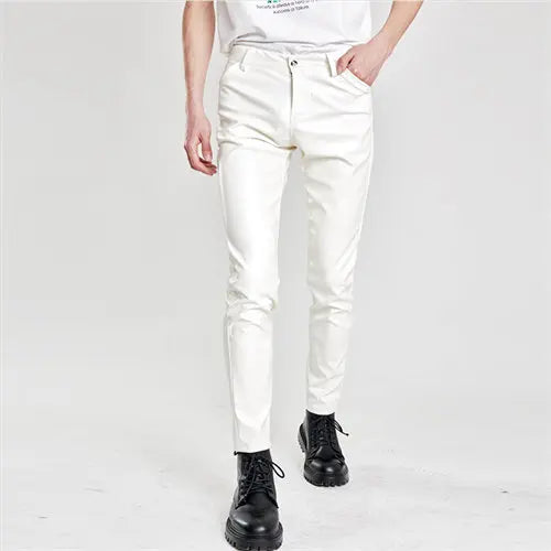2026 New Men's Leather Pants Fashion Slim PU Trousers Red Blue Black Gray White Pantalones Hombre