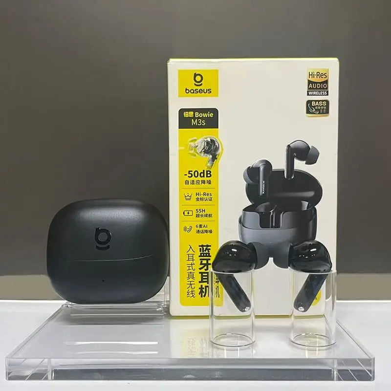 កាសស្តាប់ត្រចៀកប៊្លូធូស BASEUS M3S កាត់បន្ថយសំឡេងរំខានជ្រៅឥតខ្សែក្នុងត្រចៀក គុណភាពខ្ពស់ កាសស្តាប់តន្ត្រីកីឡា ស្លាកមាស ទទួលស្គាល់