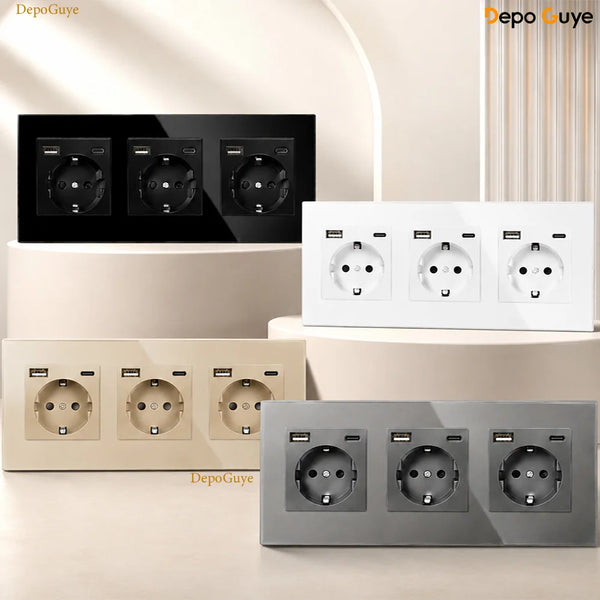 European Standard 4 Gang Wall Power Socket 16A Glass Panel with Three USB Type-C Ports White Black Industrial Home Hotel