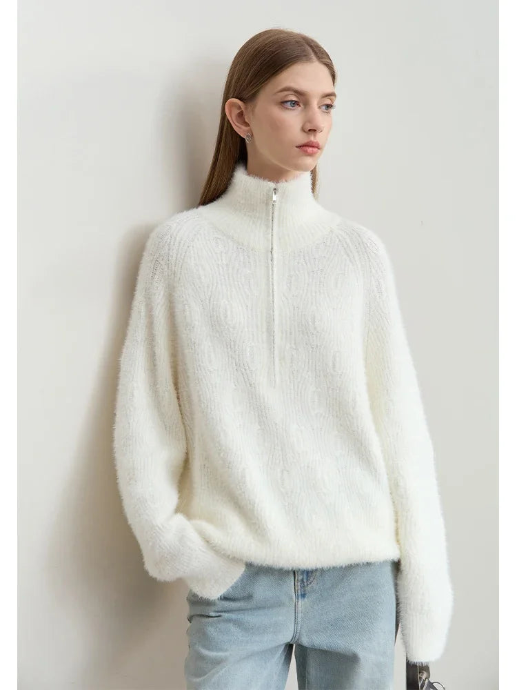 អាវយឺត Amii Turtleneck មានខ្សែរ៉ូត ពាក់កណ្ដាលបើក ធ្វើពីរោមចៀមសិប្បនិម្មិត ម្ជុល អាវក្រៅ 2025 រដូវរងា សម្រាប់នារី ដៃអាវរលុង 12444266