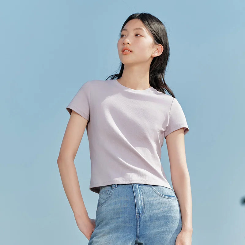 Semir Embroidered Tshirt Women 2026 Summer Short Cool Touch Slim Fit Crew Neck Regular Shoulder Casual Basic Fashion Top