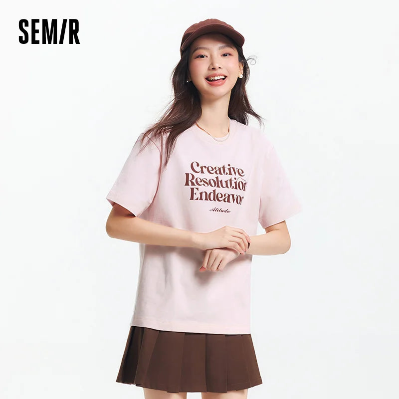 Semir Womens Tshirt 2026 Color Block Letter Printed Dropped Shoulder Loose Casual Fashion Soft Daily Wear