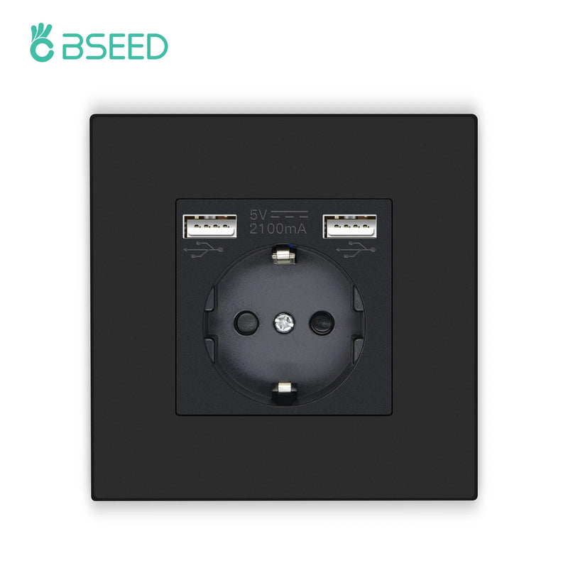 BSEED EU Button Switches With Power Socket 1/2/3Gang 1Way Electrical Outlets With USB Type-C Wall Socket 16A Plastic Panel