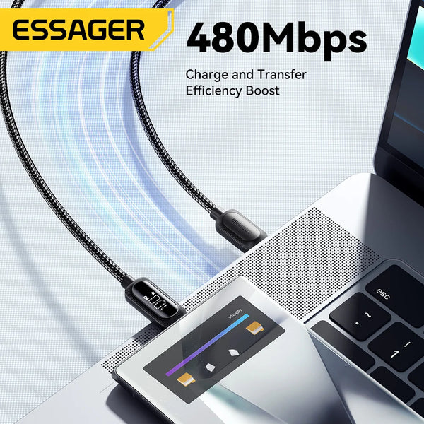 ខ្សែសាក Essager 100W USB Type C 5A PD សាកលឿនសម្រាប់ Macbook iPad iPhone 16 15Pro Samsung Xiaomi អេក្រង់ឌីជីថលខ្សែ