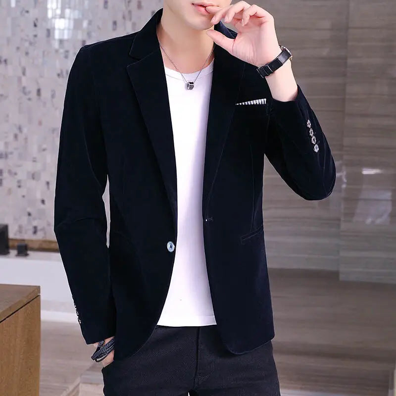 Men's Blue Long Sleeve Blazer Jacket, Business Casual Corduroy Fabric Coats, Korean Slim Style Suit Jackets, Asian Size M-5XL