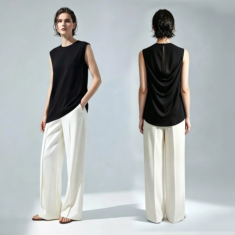 AMII Women's Sleeveless Chiffon Blouse Summer Round Neck Loose Cutout Pleated Shirt 2026 New Elegant Flowy Casual Top 12652066