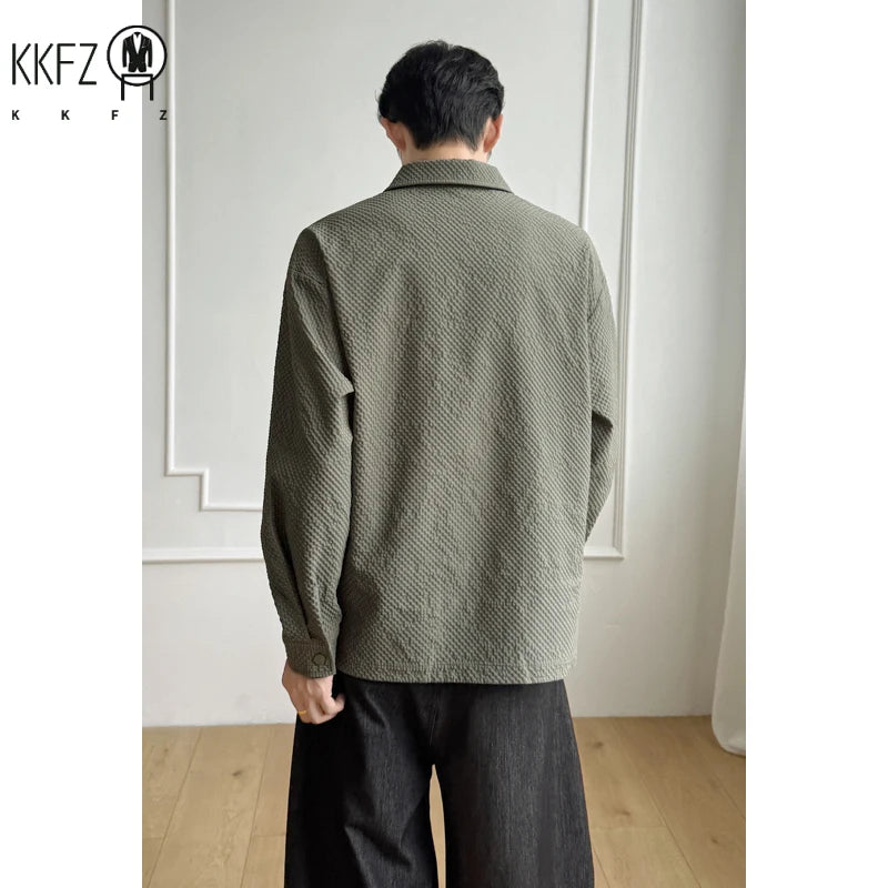 Male Trendy Textured Polo Shirt Lapel Collar Half Button Cropped Silhouette For Short Trip Social Gathering And Street Wear