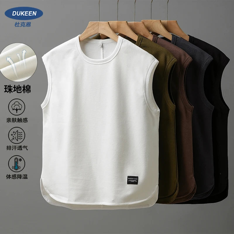 DUKEEN Pique Fabrics Sleeveless T-Shirt for Men Summer Breathable Basketball Sports Solid Color Vest Men's White Basic Tank