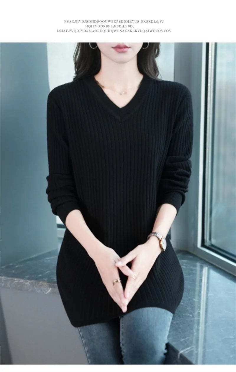 Solid Stretch Female Jumper Top Spring Autumn Large Size Knitted Sweater Women's Pullovers Casual V-Neck Long Knitwear Dress