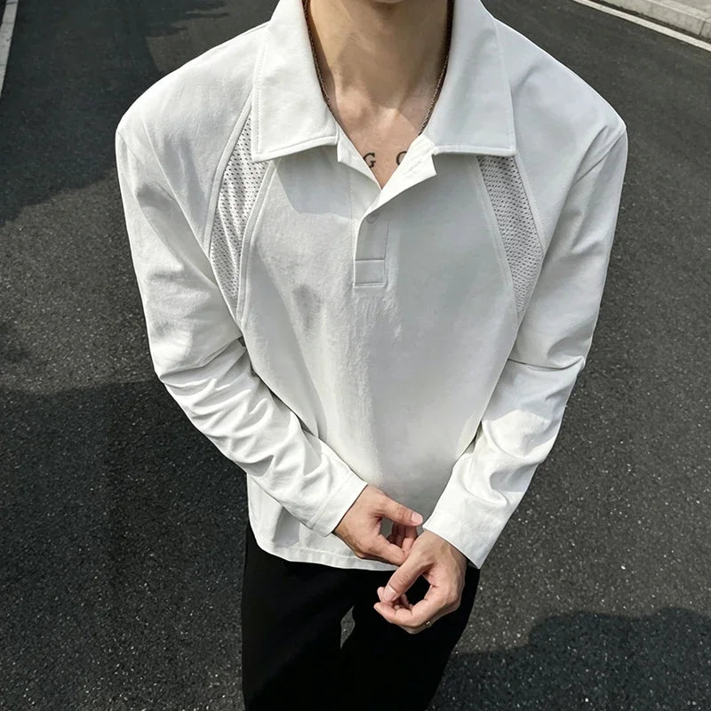 Mens Casual Polo Pullover Lapel Collar Long Sleeve Raglan Cut Button Front Loose Silhouette Mesh Spliced Fabric Daily Outfit
