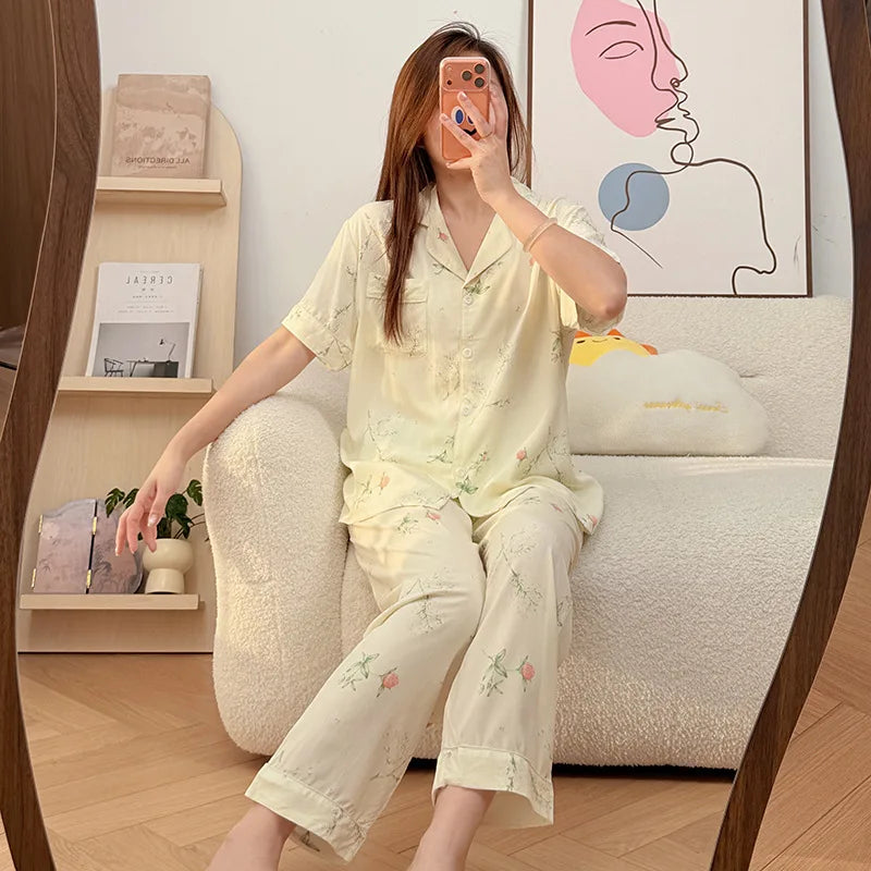 Floral Short Sleeve Sleepwear Female Nightwear Pyjamas Women Summer Pajamas Lapel Top Trousers Home Suit Loungewear Set Pijama