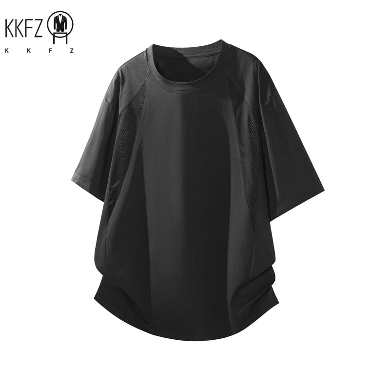 Mens Loose Curved Hem Athletic Top Raglan Short Sleeve Mesh Spliced Quick Dry T Shirt For Gym Training Travel Outdoor Scenarios