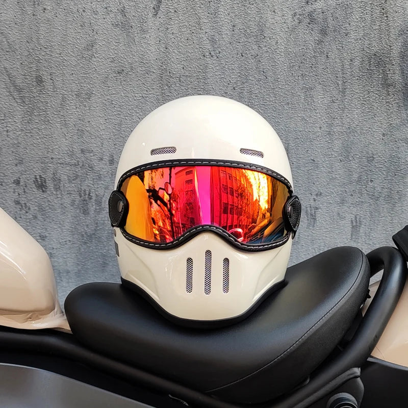Retro ORZ helmet, fiberglass full face helmet, caf é racing driver, lightweight shell, motorcycle helmet, retro leather
