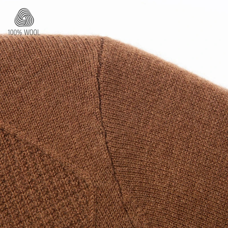 100% Wool Sweater, Diamond Knit Hand-Knit Texture, Autumn Winter Warm, Cambridge Brown Business Casual Pullover