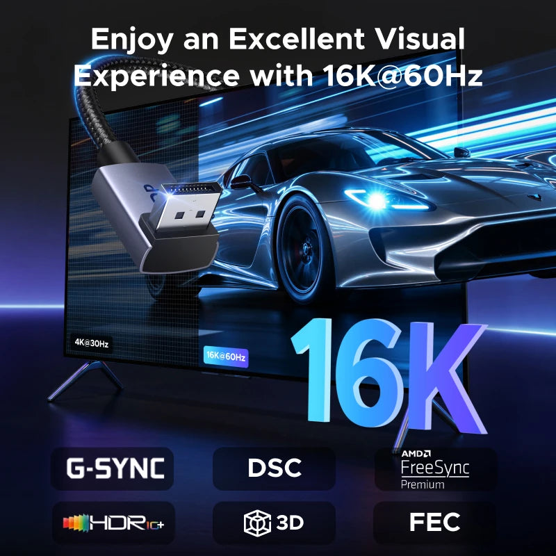 UGREEN 16K@60Hz 6.6FT 80Gbps Right Angle DisplayPort Cable DP 2.1 Cord 8K@240Hz 4K@240 3D HDR HDCP2.3 DSC1.2a FreeSync G-Sync
