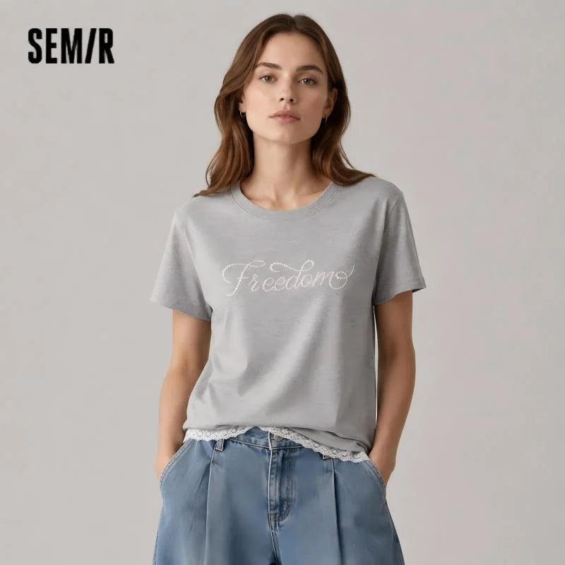 Semir Women Tshirt Short Lace Fake Two Piece Beaded Letter Slim Fit Short Sleeve 2026 New Elegant Daily Top Wear