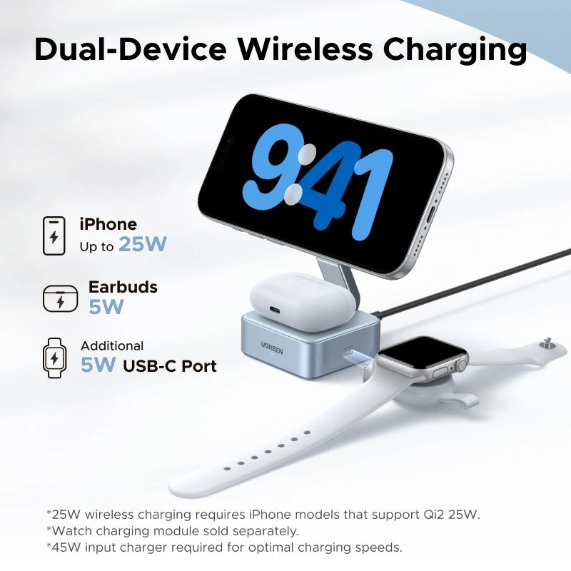 UGREEN Qi2.2 25W 2-in-1 Magnetic Wireless Charger Stand Fast Charging Stand Charger For iPhone 16 17/AirPods Magflow Charger