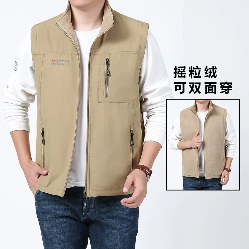 Men's Sleeveless Vest Jacket for Fall and Winter, Travel, Leisure, and Fishing Wear. Green, Khaki, Gray, Black, Red, Blue Coat.