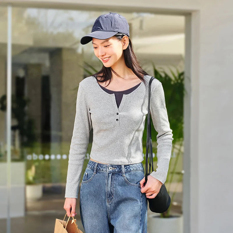Semir Women Tshirt Cropped Mock Layer Colorblock Slim Fit Long Sleeve 2026 Shoulder Fit Knitted Urban Casual Everyday Top