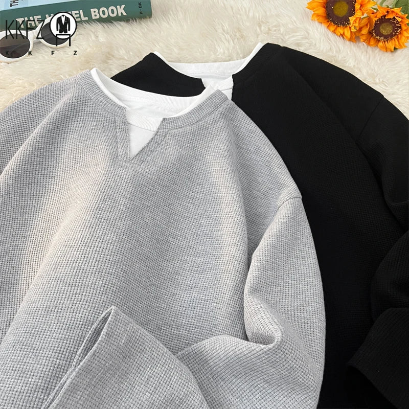 Mens Relaxed Fit Waffle Knit Shirt Long Sleeve Notch Neck Fake Layer Hem Trendy Urban Daily Fashion Outer Top