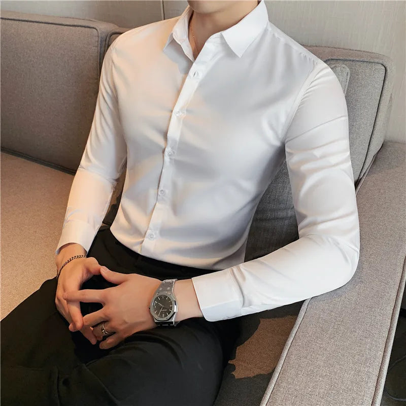 2026 New Men's Dark Green Slim-Fit Long Sleeve Shirt, Fashion Casual Business Top for Man in Black/White