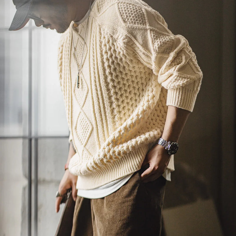 អាវយឺតបុរស Maden Retro Aran រដូវស្លឹកឈើជ្រុះ និងរដូវរងា អាវប៉ាក់ក្រាស់ ពណ៌បន៍ត្នោតខ្ចី កមូល អាវយឺតត្បាញ អាវក្រៅសម្រាប់លេងកម្សាន្តបានច្រើនយ៉ាង