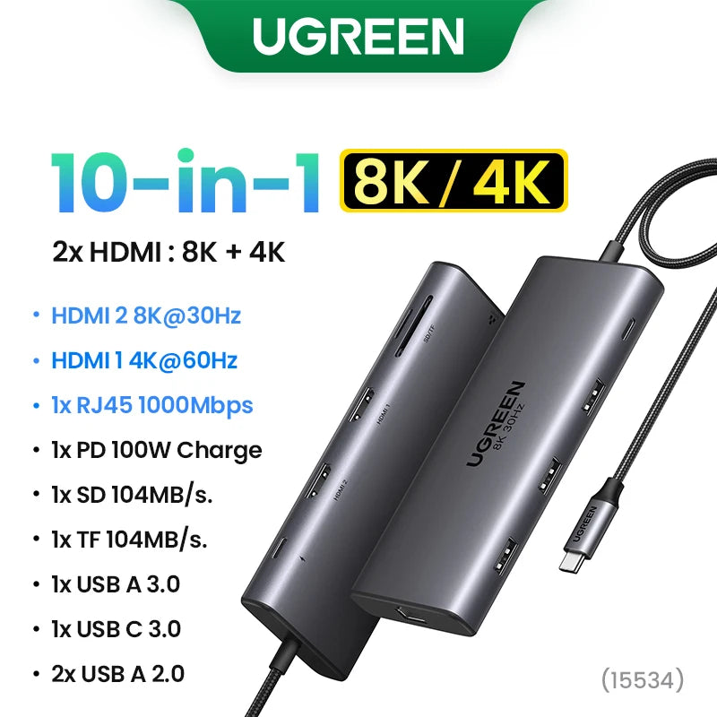 UGREEN 13-in-1 USB-C HUB Triple Monitor Extend 4K 2xHDMI 1xDP 10Gbps USB3.2 PD100W SD/TF RJ45 Dockingfor Windows Laptop HP Dell