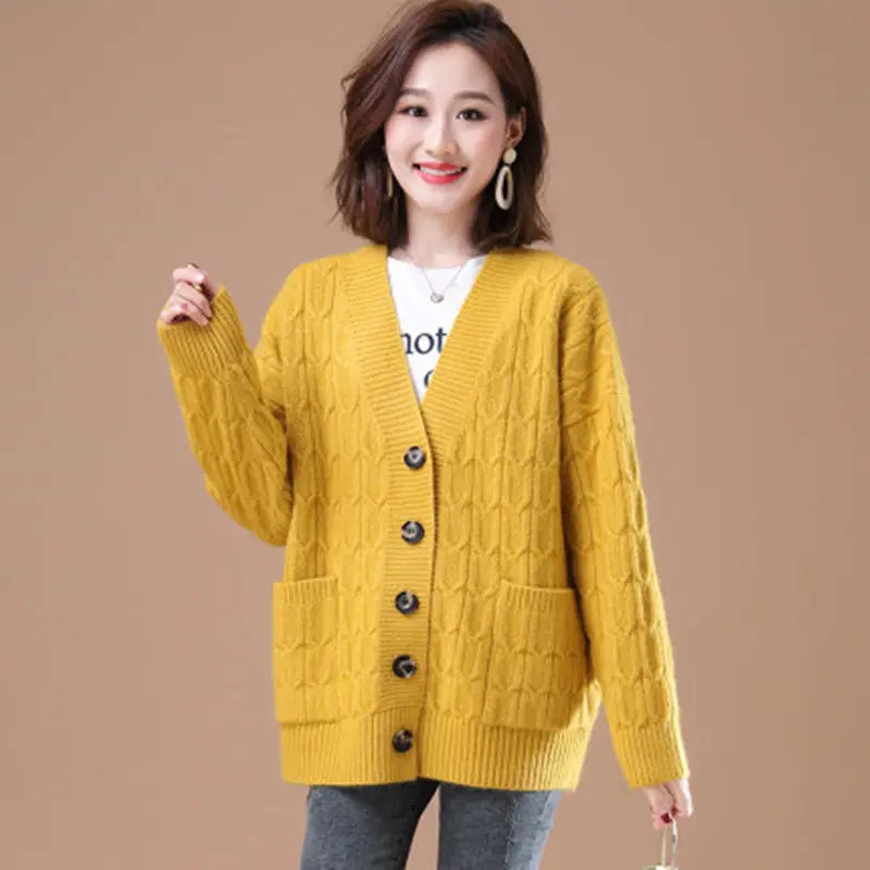 Spring Autumn New Korean Fried Dough Twist Cardigan Coat Women Fashion Loose Sweater V Neck Knitwears Long Sleeve Tops