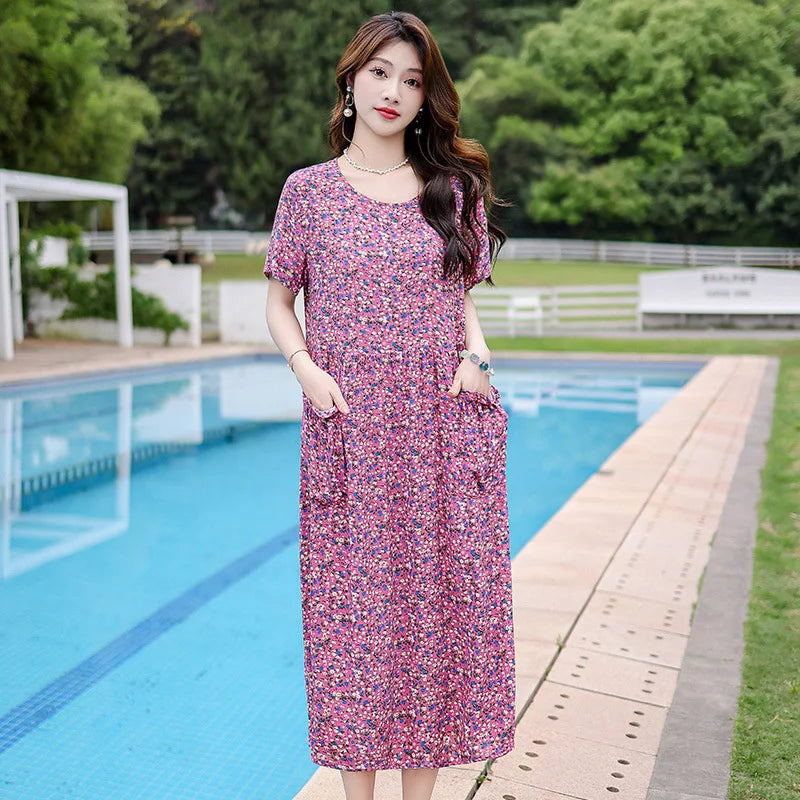 អាវគេងរលុងសម្រាប់នារី XL-5XL រ៉ូបគេងកប្បាសបោះពុម្ពថ្មី អាវគេងនារីដៃខ្លីបែបវីនថេច