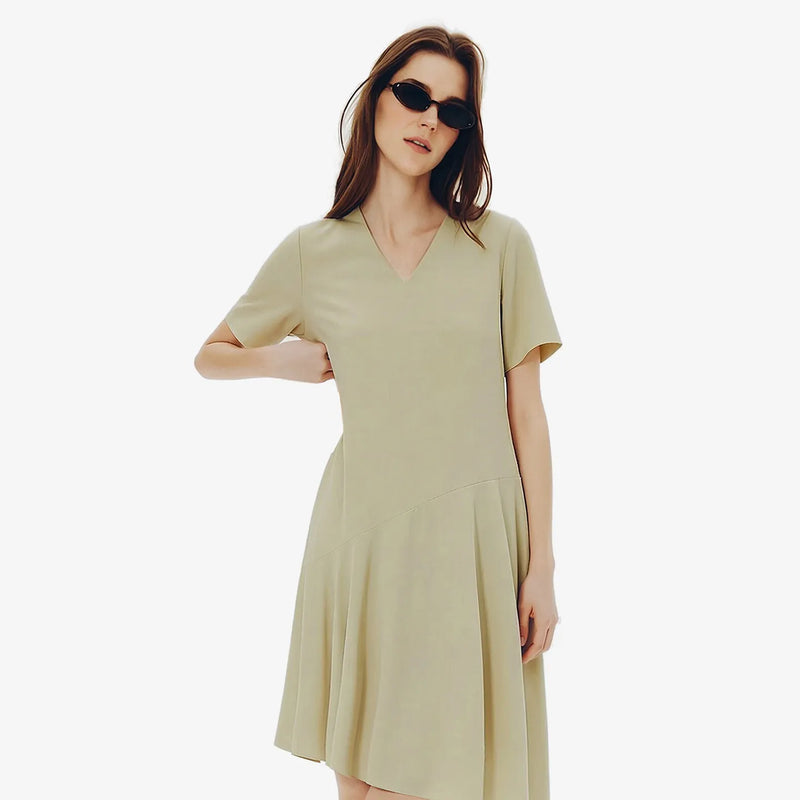 Amii Midi Dress Woman 2026 Summer New V Neck Loose Fit Asymmetric Hem Simple Office Casual Short Sleeve Dress For Women 12622137
