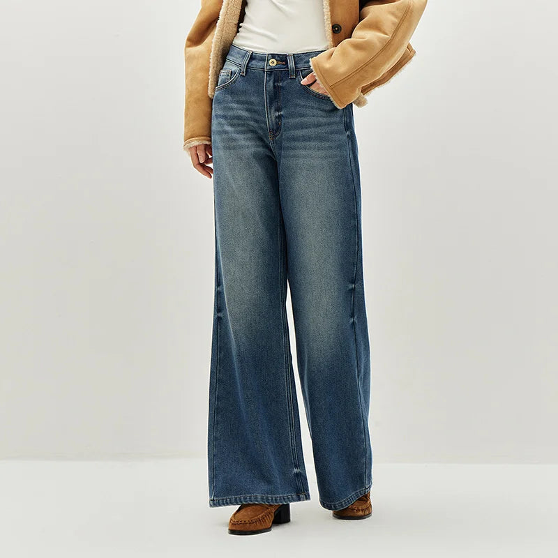Semir Women Jeans Belted Fleece Lined Flared Loose Fit Distressed Wash 2026 Vintage HighWaist Streetwear Denim Pants
