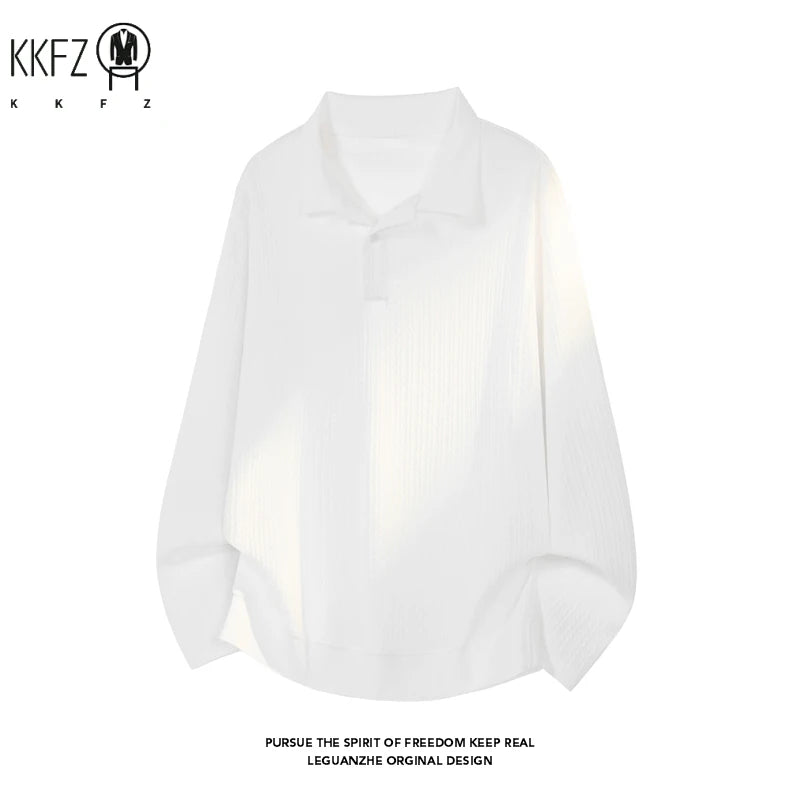 Mens Long Sleeve Lapel Collar Polo Shirt Waffle Knit Soft Fabric Loose Curved Hem Casual Top For Autumn