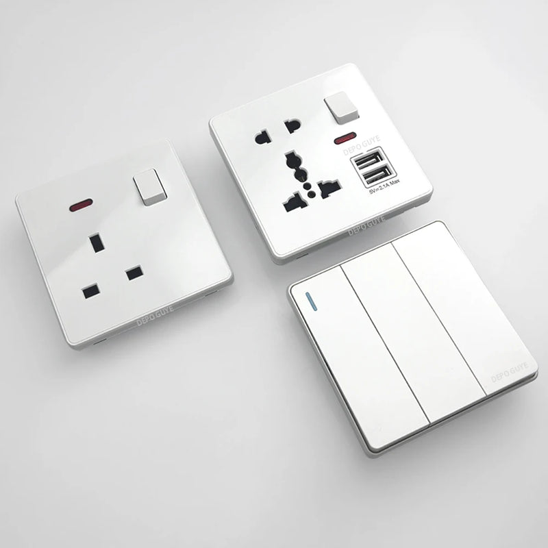 White UK Standard 13A USB Wall Socket Panel,Universal 18W Type-c Quick Charge Socket Plug,Wall Light Switch Electrical outlet