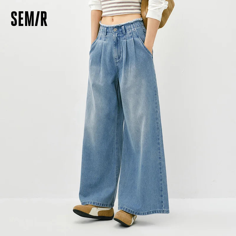 Semir Stylish Jeans Women 2026 Spring Raw Hem High Waist Wide Leg Floor Length Leg Lengthening Fashion Trousers