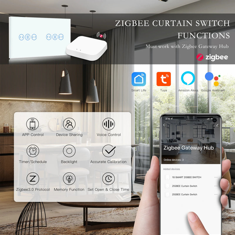 BSEED Tuya Smart Zigbee Curtain Switch Double Wirelss Touch Curtain Switch Google Home Smart Life Alexa Echo Voice Control 5A