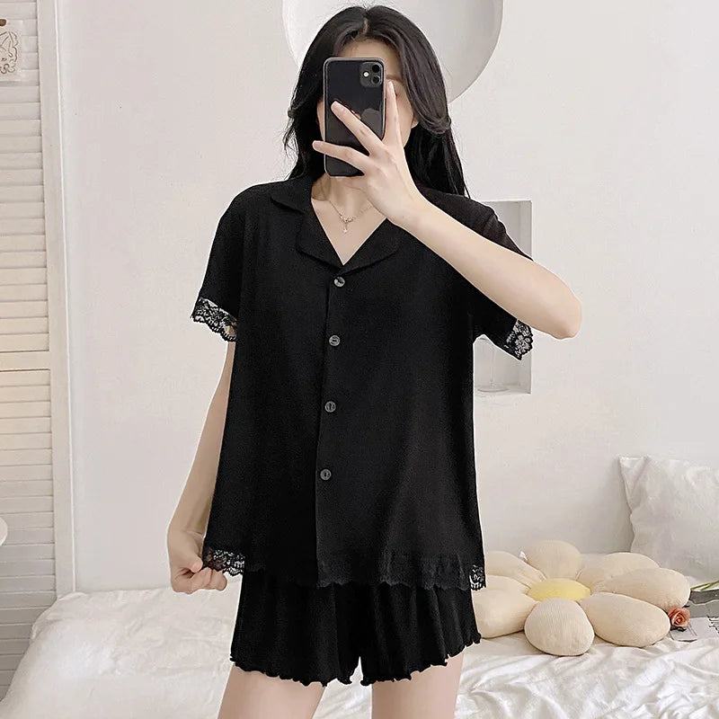 New Summer Pajamas Chest Pad Pink Sleepwear Short Sleeve Nightwear 2 Pieces Set for Woman Loungewear Sleep Lounge Wear Pijama