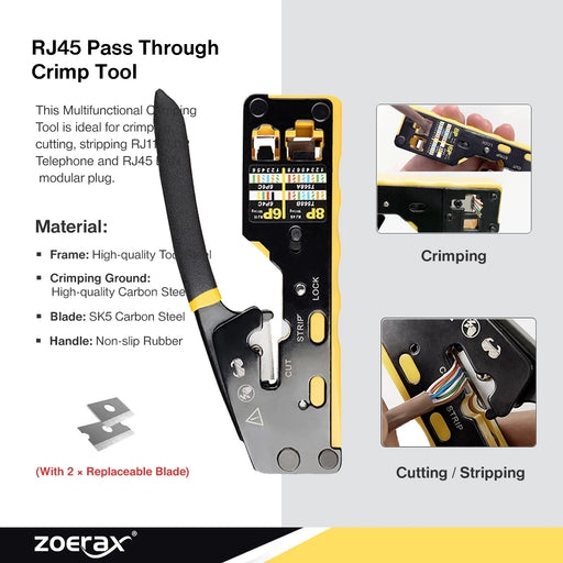ZOERAX Professional Network Tool Kit, 8 in 1 RJ45 Crimp Tool Kit - Pass Through Crimper, RJ45 Tester, Punch Down Tool, Stripper