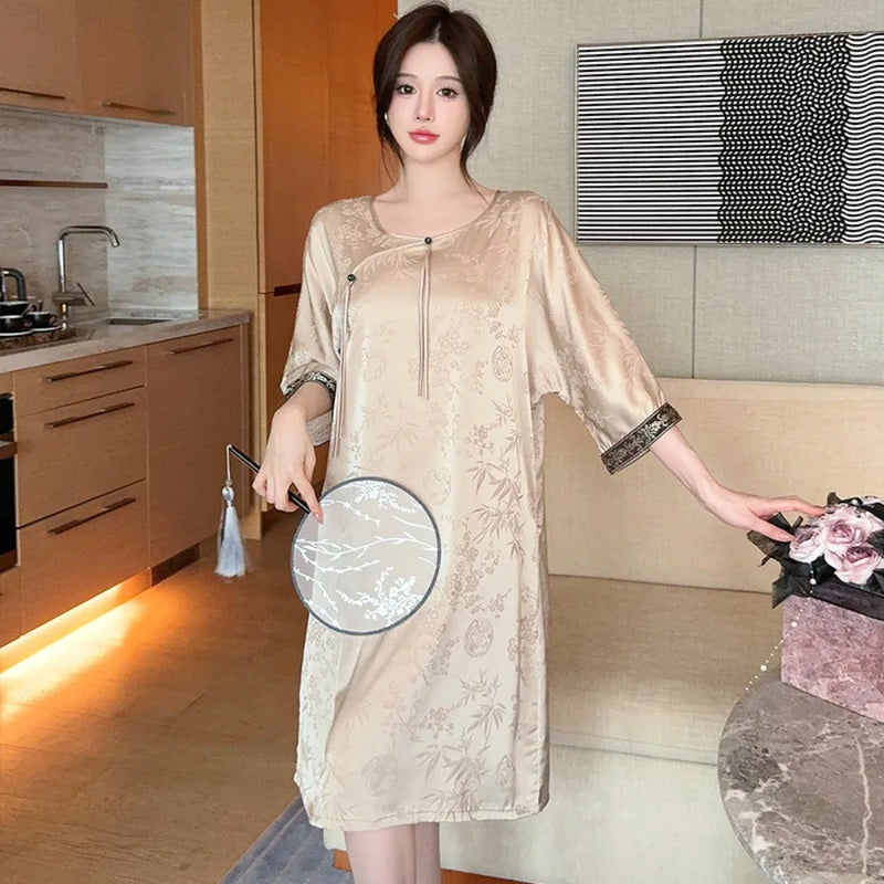 Women's Summer Dress Sleepwear Nightgown Women Home Wear Ice Silk Night Wears for Females Nightdress Loungewear Sleep Dress
