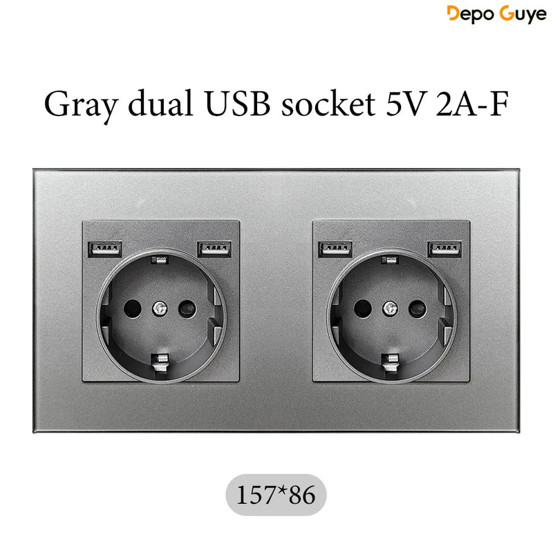 European Standard 4 Gang Wall Power Socket 16A Glass Panel with Three USB Type-C Ports White Black Industrial Home Hotel